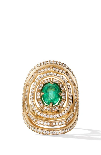 David Yurman Stax Statement Ring In 18k Yellow Gold With Full Pave Diamonds And Emerald