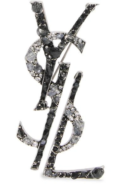 Saint Laurent Ruthenium-plated, Crystal And Enamel Clip Earrings In Silver