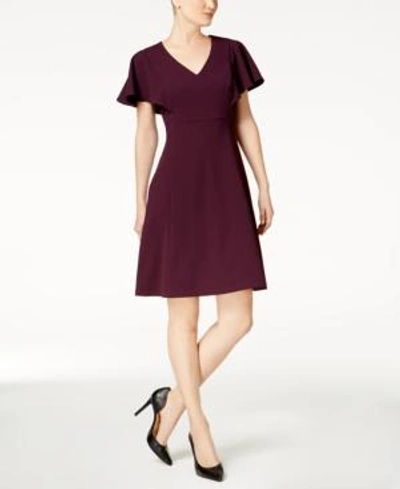 Calvin Klein Petite Flutter-sleeve A-line Dress In Aubergine