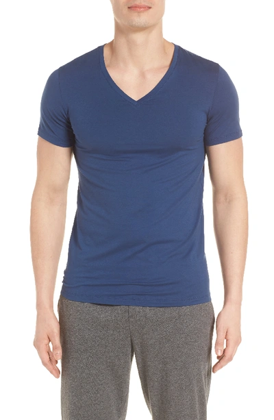 Hanro Stretch Cotton Superior V-neck Short Sleeve Shirt In Ferminate Blue