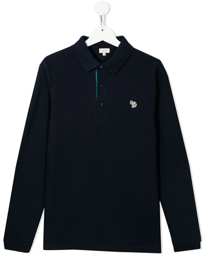 Paul Smith Junior Kids' Cotton-piqué Zebra-logo Long-sleeve Polo Shirt In Blue