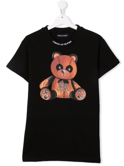 Vision Of Super Kids' Teddy Bear Print Logo T-shirt In Black