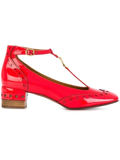 Chloé 'perry' T-bar Patent Leather Ballerina Brogue Pumps In Rosso