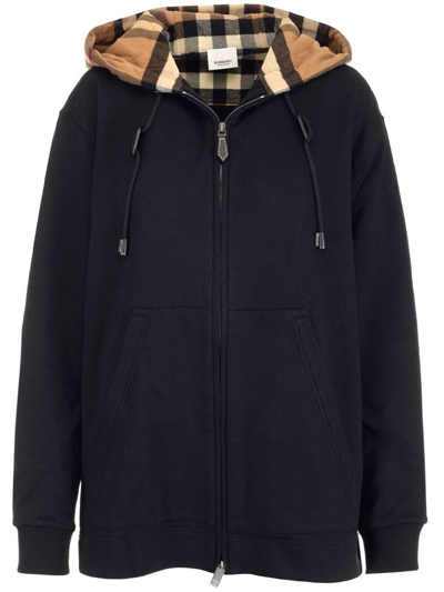 Burberry Sweatshirt With Tartan Hood In Black