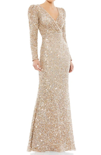 Mac Duggal Long Sleeve Sequin Trumpet Gown In Shimmering Gold