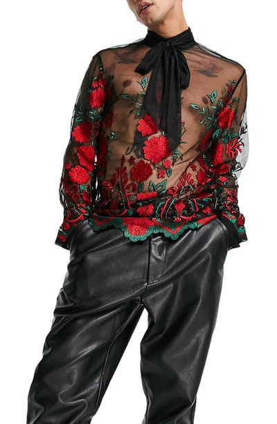 Asos Design Sheer Embroidered Shirt With Pussybow Tie Neck-black In Black