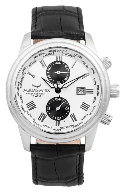 Aquaswiss Classic V Croc Embossed Leather Strap Watch, 42mm X 50mm In Black/ White