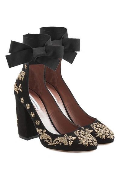 Tabitha Simmons Isabel Embroidered Suede Ankle-wrap Pumps In Black Gold