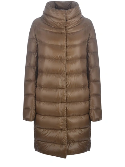 Herno 'dora' Long Beige Down Jacket With Funnel Neck In Nylon Woman