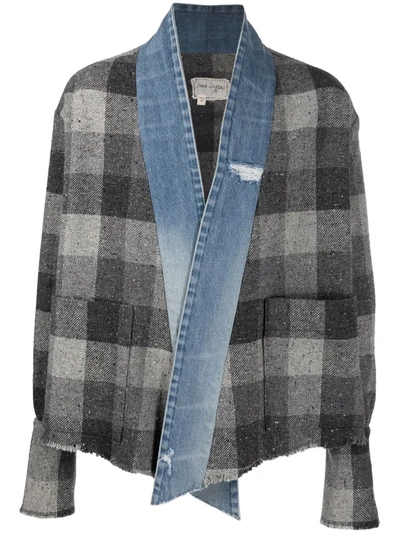 Greg Lauren Denim-trim Checked Shirt Jacket In Grey