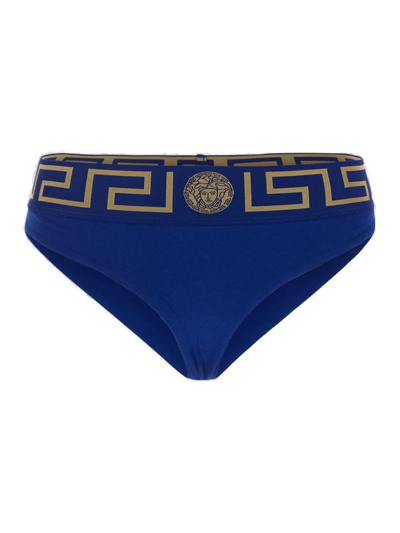 Versace High-rise Greca-jacquard Cotton-blend Briefs In Blue