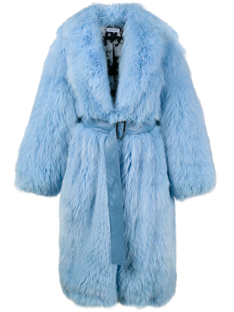 Saks Potts Blue Lake Belted Long Fur Coat | ModeSens