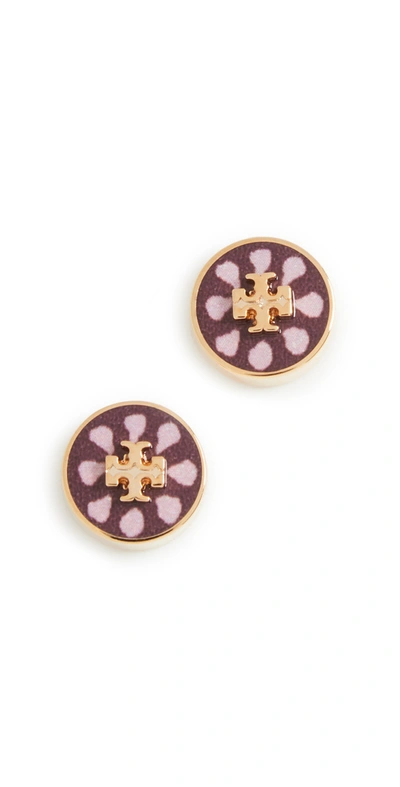 Tory Burch Kira Enamel Printed Circle Stud Earrings In Tory Gold / Firecracker Vines Ribbon
