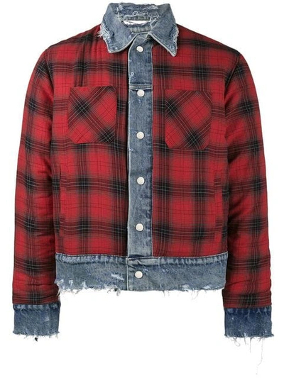 Amiri Checked Denim And Cotton And Cashmere Blend Jacket In Indigo Red
