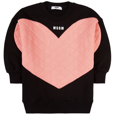 Msgm Kids Black Dress With Maxi Heart And Logo In Multicoloured