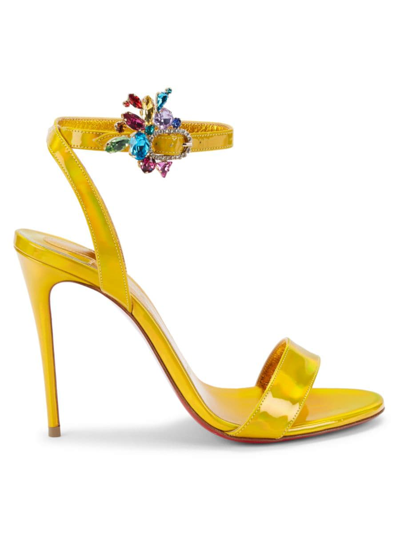 Christian Louboutin Goldie Joli 100 Crystal-embellished Metallic Patent-leather Sandals In Yellow