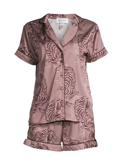 Averie Sleep Two-piece Tiger Sketch Shorts Pajama Set In Rose