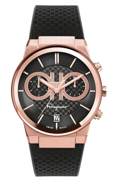 Ferragamo Sapphire Chronograph Silicone Strap Watch, 41mm In Black