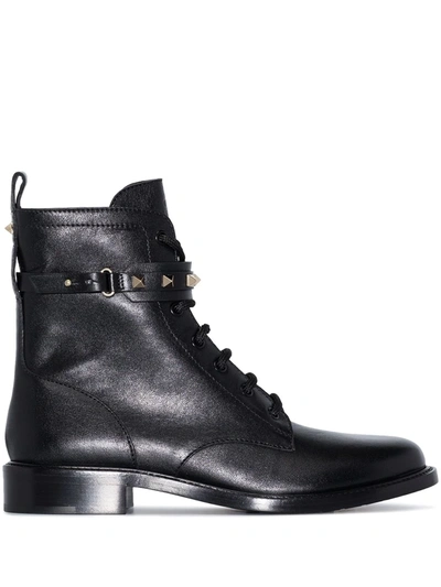 Valentino Garavani Black Rockstud Leather Ankle Boots In Nero