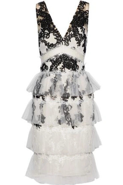Marchesa Notte Woman Tiered Lace-trimmed Embroidered Tulle Dress Ivory