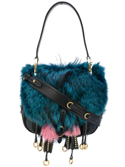 Prada Corsaire Fox-fur And Leather Shoulder Bag In Blue