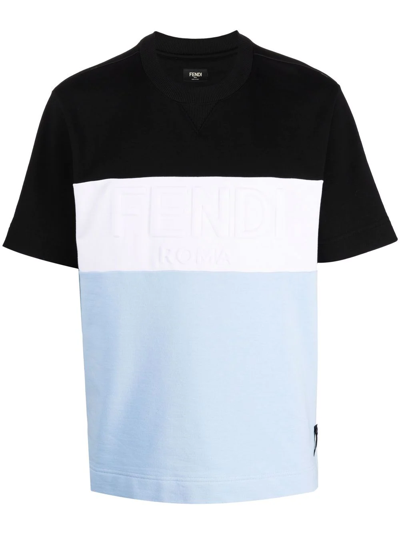 Fendi Embossed-logo Striped T-shirt In Light Blue