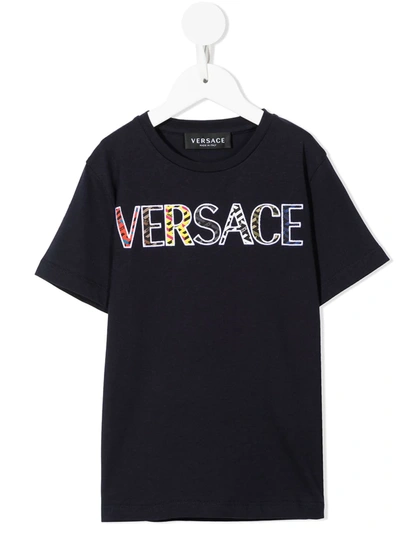 Versace Kids' Greca Logo-embroidered Cotton T-shirt In Blu