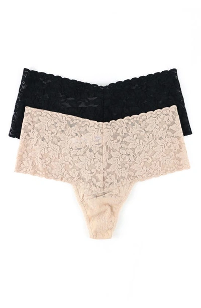 Hanky Panky 2 Pack Plus Size Retro Lace Thong In Chai-black