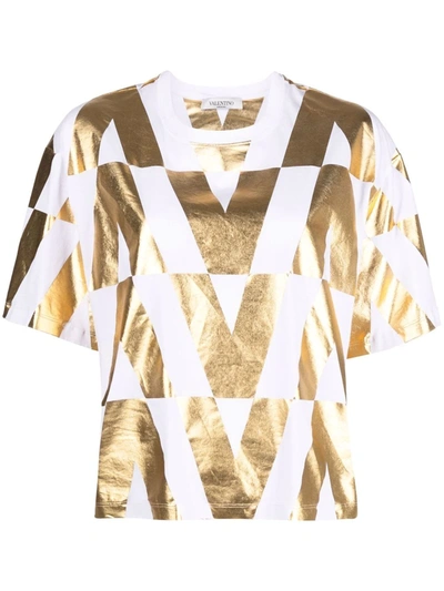 Valentino Womens Bianco/oro V-logo Metallic Cotton-jersey T-shirt S