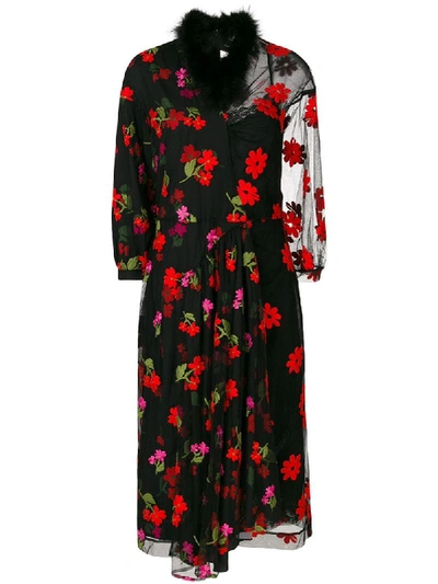 Simone Rocha Feather-trimmed Embroidered Tulle And Printed Crepe De Chine Midi Dress In Black