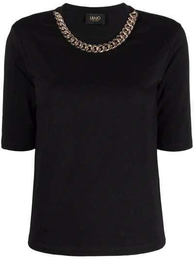 Liu •jo Black Cotton T-shirt With Chain Detail