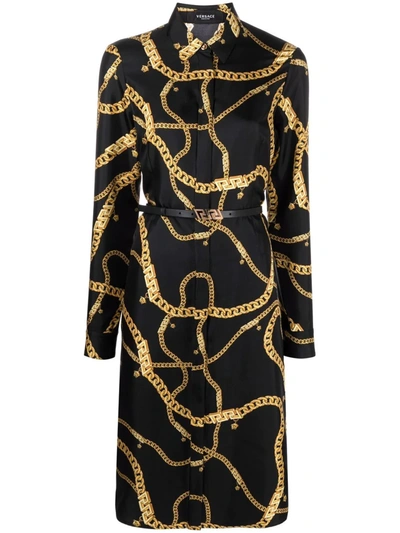 Versace Chain Print Long Sleeve Silk Twill Shirtdress In Black