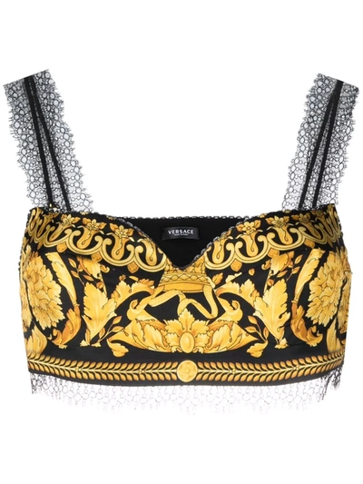 Versace Baroque-print Lace-trimmed Silk-twill Top In Black