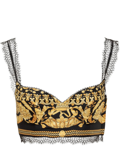 Versace Baroque-print Lace-trimmed Silk-twill Top In Gold