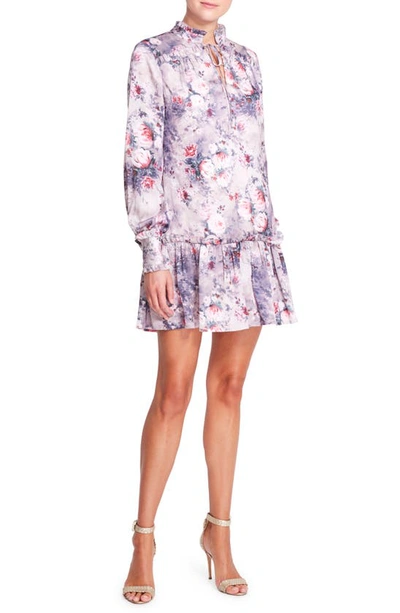 Marchesa Notte Floral Long Sleeve Charmeuse Minidress In Mauve