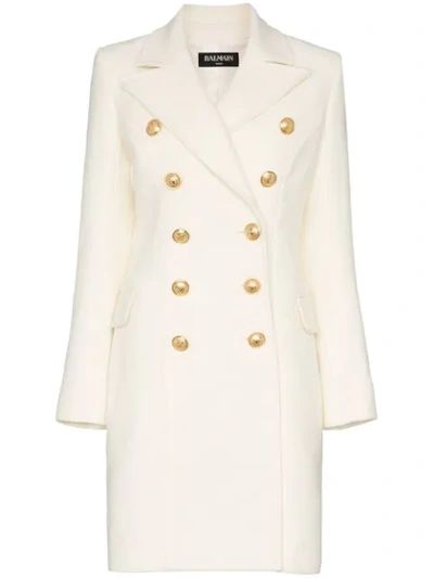 Balmain Double Breasted Cashmere Blend Coat In White