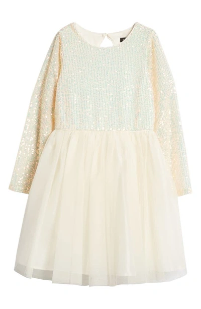Zunie Kids' Long Sleeve Sequin & Mesh Dress In Champagne