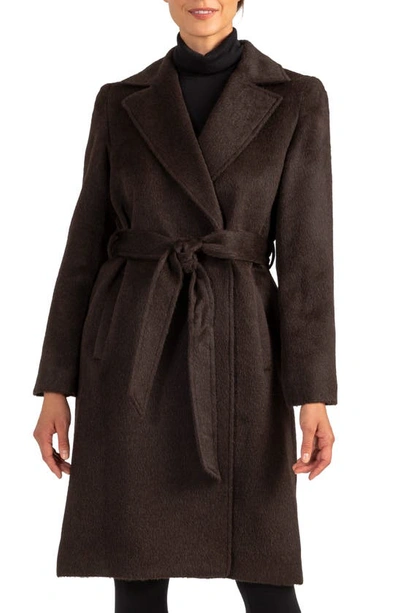Sofia Cashmere Rounded Shawl Collar 3/4 Length Wool Blend Coat In Dark Brown