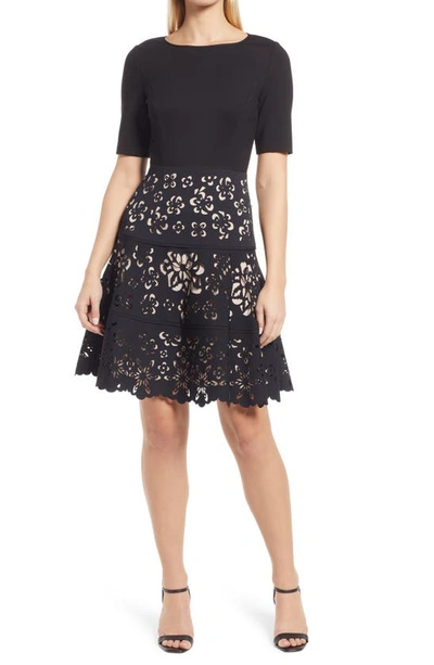 Shani Ponte Dress With Laser-cut Tiered Skirt In Black Nude