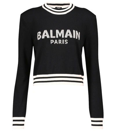 Balmain Varsity Logo Cropped Cashmere Sweater In Black