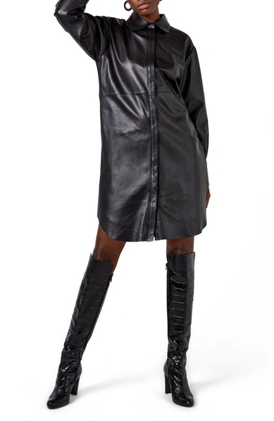 As By Df Bonsoir Long Sleeve Recycled Leather Shirtdress In Black