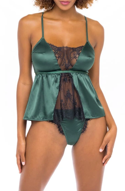 Oh La La Cheri Plus Size Eyelash Lace And Satin Cami With Matching Tanga Panty, 2pc Lingerie Set In Dark Green/black