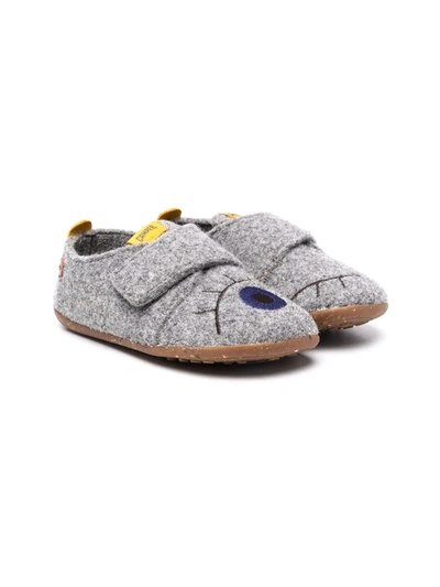 Camper Kids' Embroidered-logo Touch-strap Slippers In Grey