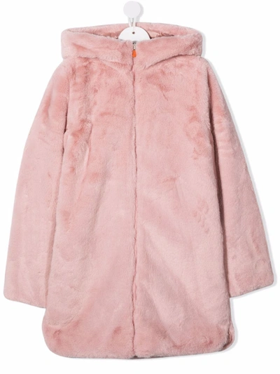 Save The Duck Kids' Flora Reversible Hooded Faux Fur Recycled Jacket In Blush Pink
