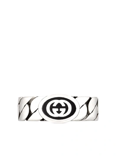 Gucci Men's Interlocking G Ring Gourmette Sterling Silver & Enamel Bracelet In 0728/black
