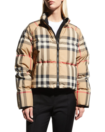 Burberry Check Cropped Puffer Jacket In Beige
