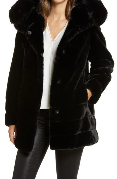 Gallery Hooded Faux Fur Coat In Black