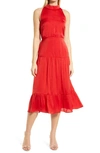 Sam Edelman High Neck Tiered Hem Sleeveless Midi Dress In Red