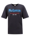 Alexander Mcqueen Unisex Graffiti Glitter Logo Cotton Graphic Tee In Navy