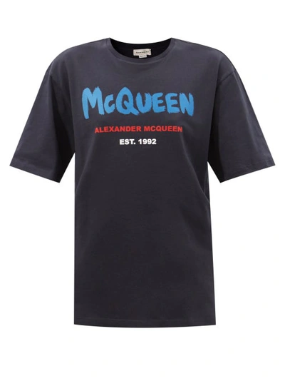 Alexander Mcqueen Unisex Graffiti Glitter Logo Cotton Graphic Tee In Navy